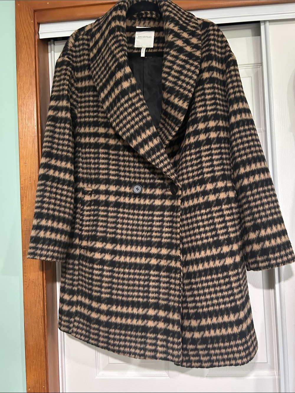 Avec Les Filles Black and Brown Plaid Double-Breasted Pea Coat Super Soft